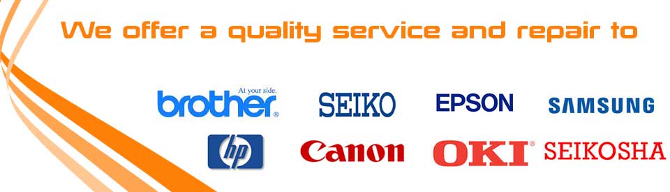 logos of: Brother, Seiko, Epson, Samsung, HP, Canon, Oki, and Seikosha Printers